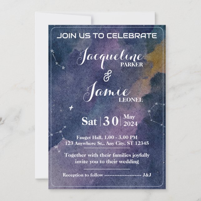 Tarjeta de invitación de boda Galaxy Watercolor (Anverso)