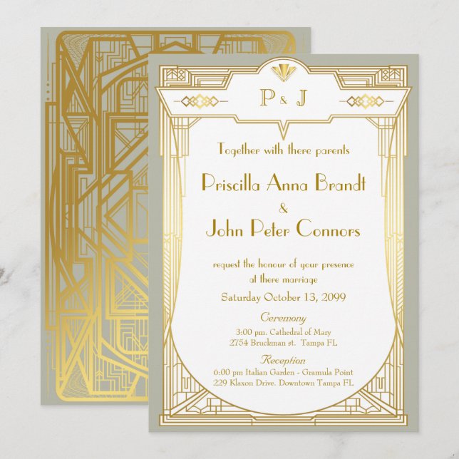 Tarjeta de invitación de boda,Gran Gatsby,gris dor (Anverso / Reverso)