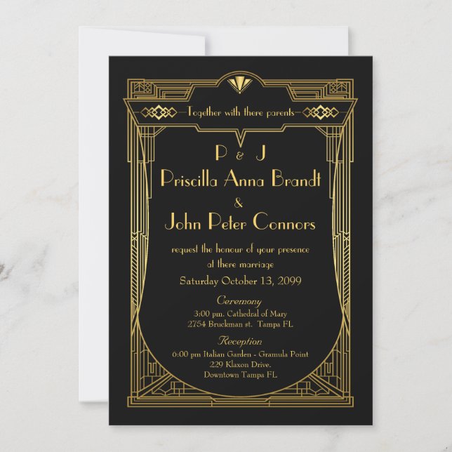 Tarjeta de invitación de boda,Gran Gatsby, negro,  (Anverso)