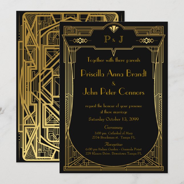 Tarjeta de invitación de boda,Gran Gatsby,negro do (Anverso / Reverso)