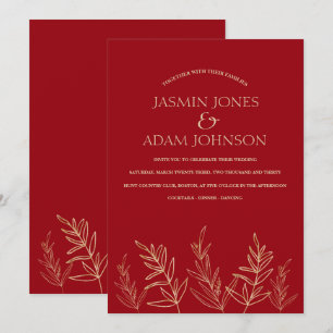 Tarjeta de Invitación de Boda Hojas Doradas Rojo C