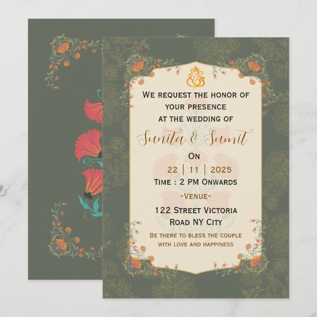 Tarjeta de Invitación de Boda India Elegante (Anverso / Reverso)