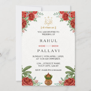 Tarjeta de Invitación de Boda India Rosa Roja Eleg