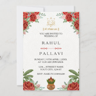 Tarjeta de Invitación de Boda India Rosa Roja Eleg