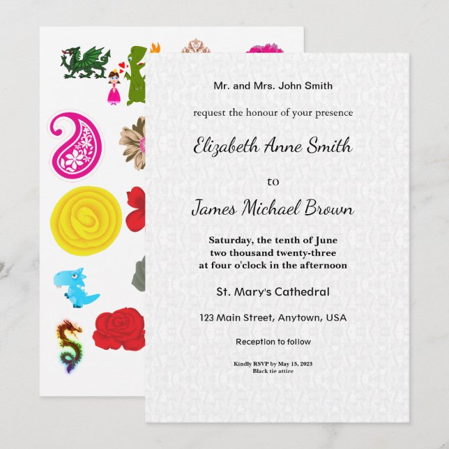 Tarjeta de Invitación de Boda Letra Elegante Flora (Anverso / Reverso)