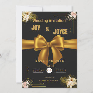 Tarjeta de Invitación de Boda Moderna Dorada y Neg