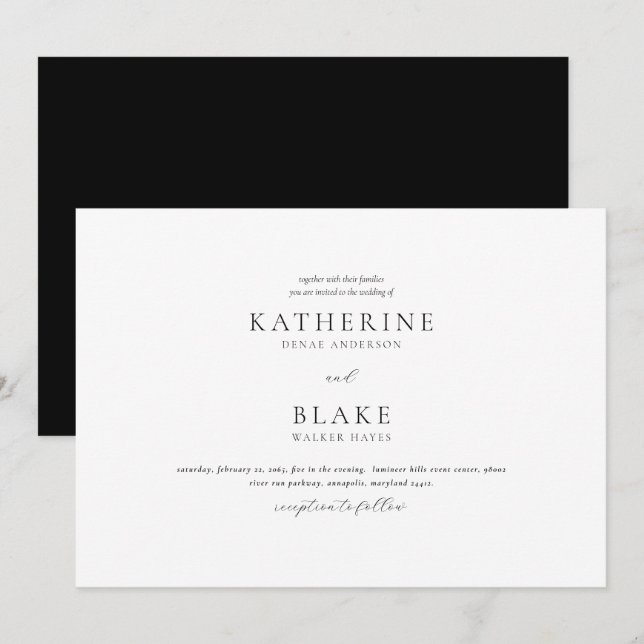 Tarjeta de invitación de boda moderna en blanco y  (Anverso / Reverso)