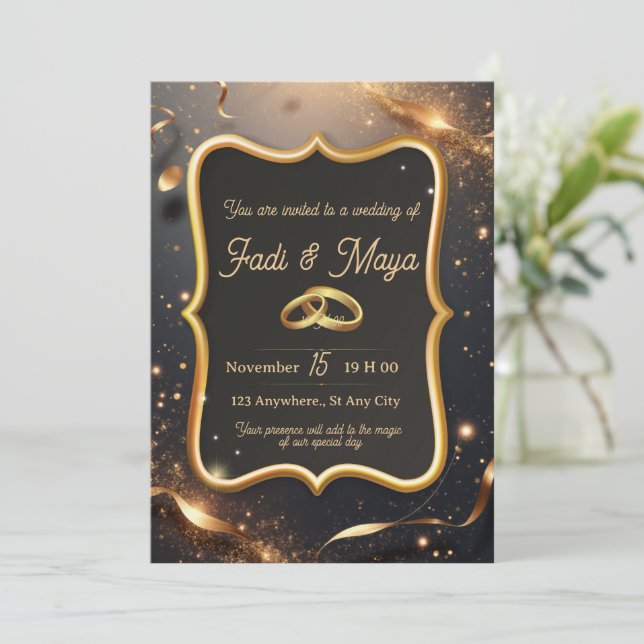 Tarjeta de invitación de boda negra (Anverso de pie)