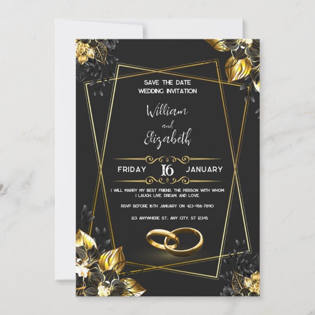 Tarjeta de Invitación de Boda Negra y Dorada (Anverso)