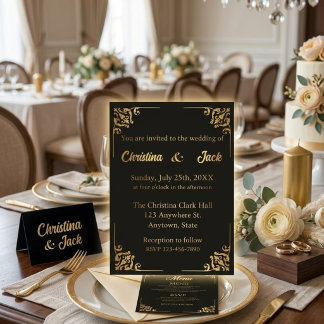 Tarjeta de Invitación de Boda Negra y Dorada Elega