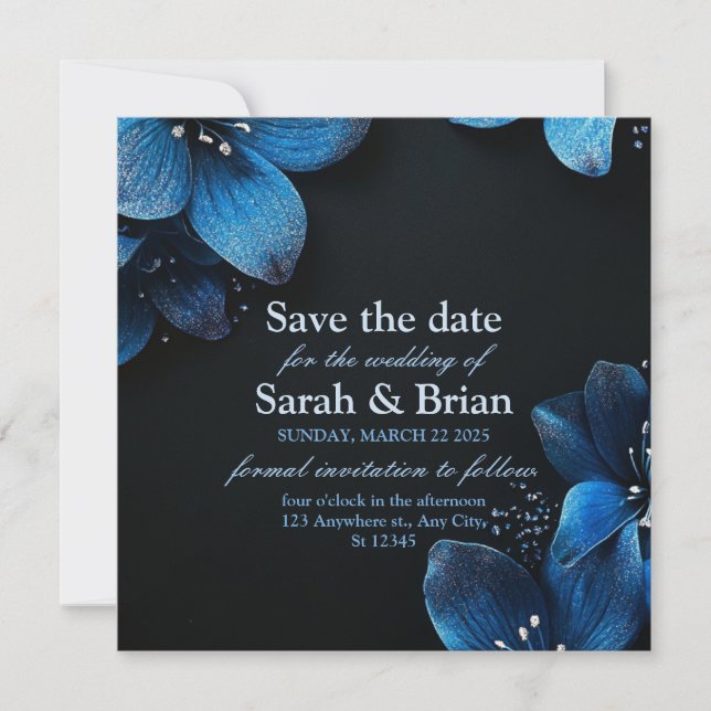 Tarjeta de invitación de boda oscura con flores az (Anverso)