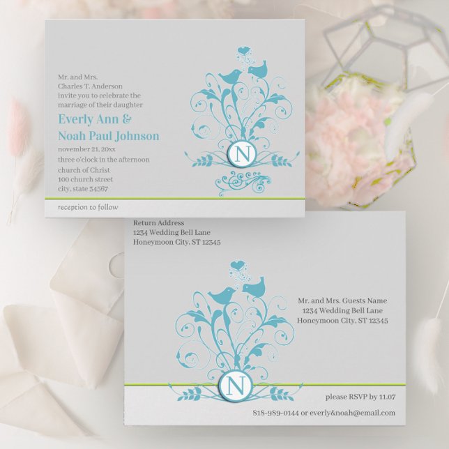 Tarjeta de Invitación de Boda Pájaros Corazones Az (Subido por el creador)