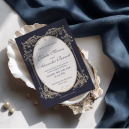 Tarjeta de Invitación de Boda Plegada Barroca Azul