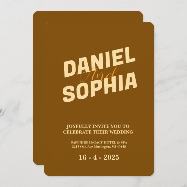 Tarjeta de invitación de boda retro marrón (Anverso / Reverso)