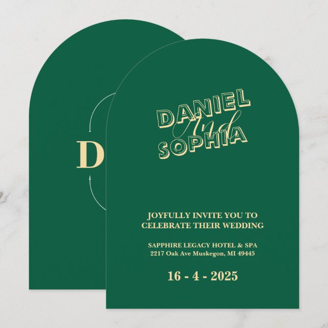 Tarjeta de invitación de boda retro verde (Anverso / Reverso)