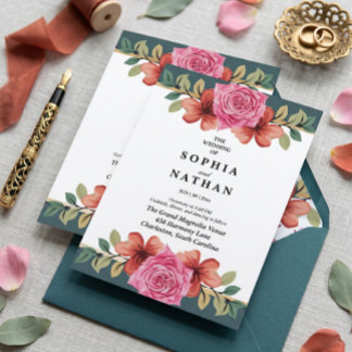 Tarjeta de Invitación de Boda Romántica Rosa y Tur