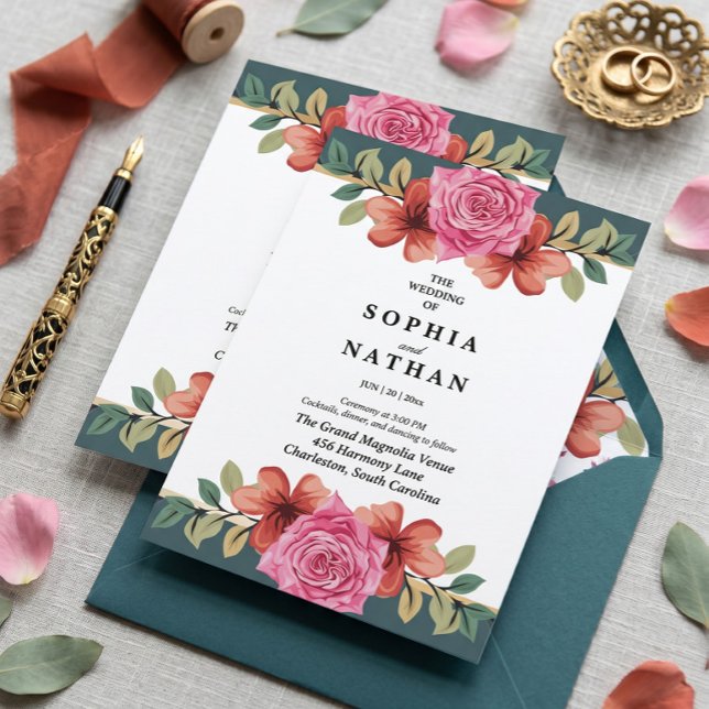 Tarjeta de Invitación de Boda Romántica Rosa y Tur (Subido por el creador)