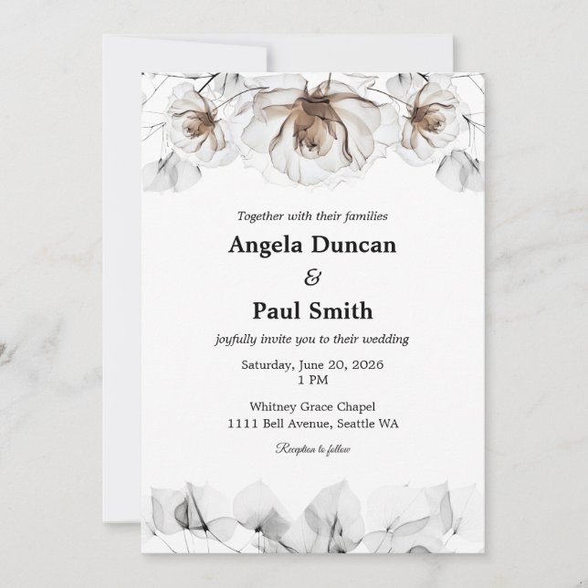 Tarjeta de Invitación de Boda Rosa Suave, Hojas (Anverso)