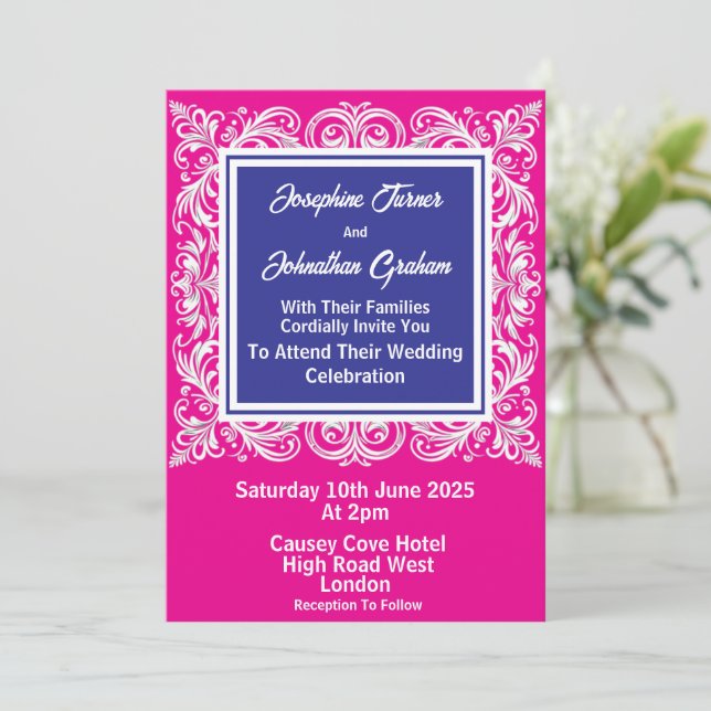 Tarjeta de invitación de boda rosa totalmente pers (Anverso de pie)