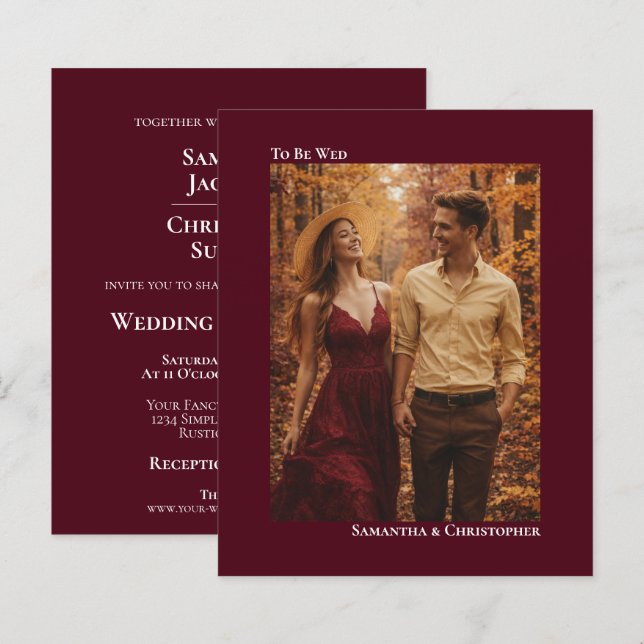 Tarjeta de invitación de boda sencilla en borgoña  (Anverso / Reverso)