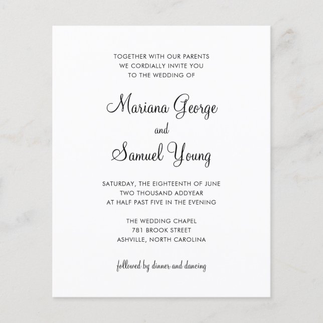 Tarjeta de Invitación de Boda Simple en Blanco y N (Anverso)