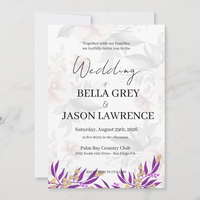 Tarjeta de invitación de boda simple flor negro y  (Anverso)
