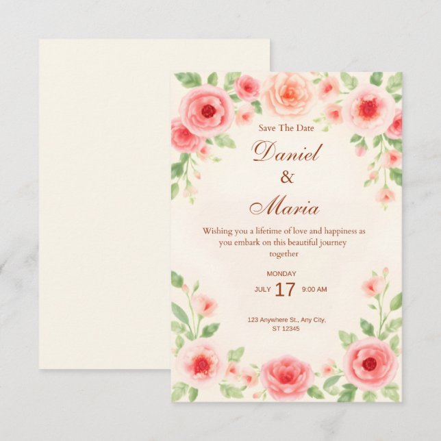 Tarjeta de Invitación de Boda Simple Rosa (Anverso / Reverso)