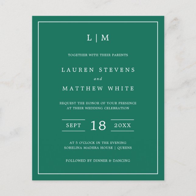 Tarjeta de Invitación de Boda Simple Verde Esmeral (Anverso)