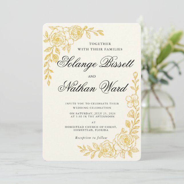 Tarjeta de Invitación de Boda Todo en Uno 'Lenguaj (Anverso de pie)