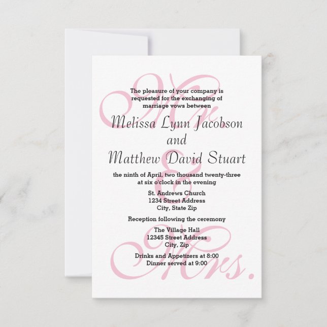Tarjeta de invitación de boda y recepción para Sr. (Anverso)