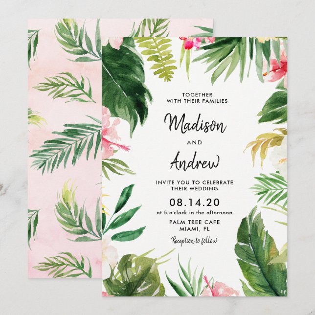 Tarjeta de invitación de bodas de hojas tropicales (Anverso / Reverso)