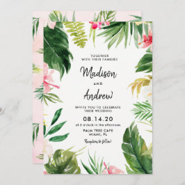 Tarjeta de invitación de bodas de hojas tropicales