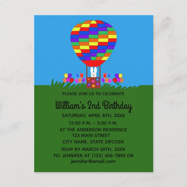 Tarjeta de invitación de conejo de cumpleaños glob (Anverso)