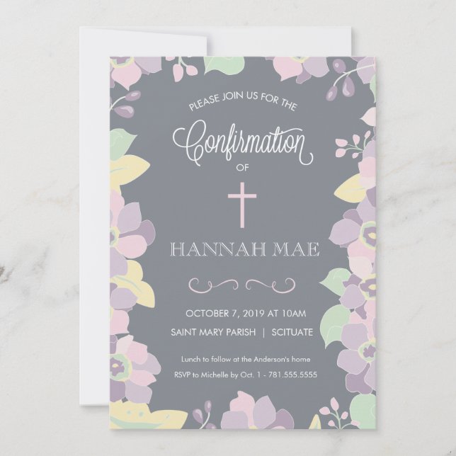 Tarjeta de invitación de confirmación con flores y (Anverso)