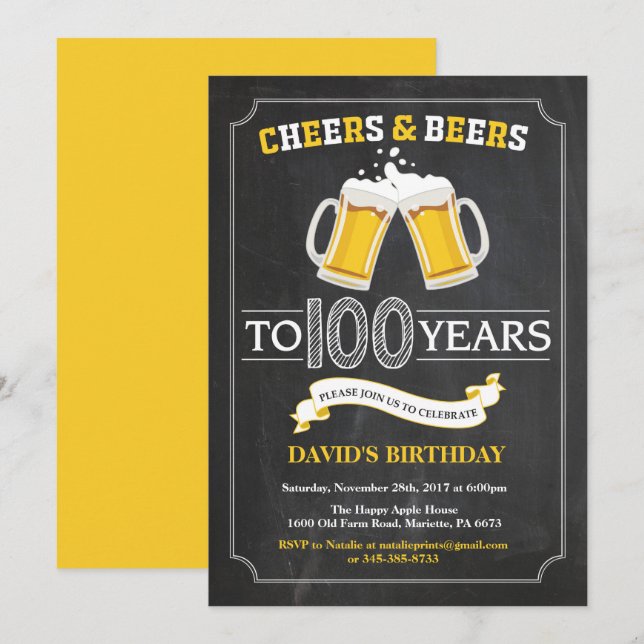 Tarjeta de Invitación de Cumpleaños 100 Cheers and (Anverso / Reverso)
