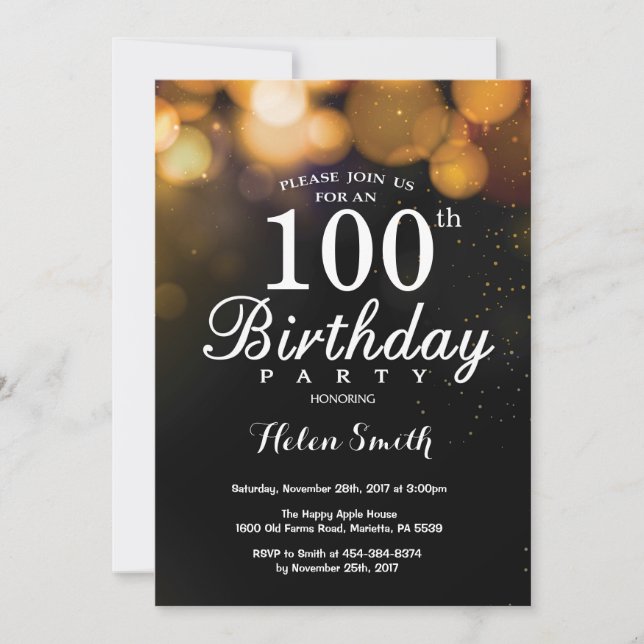 Tarjeta de invitación de cumpleaños 100 Purpurina  (Anverso)