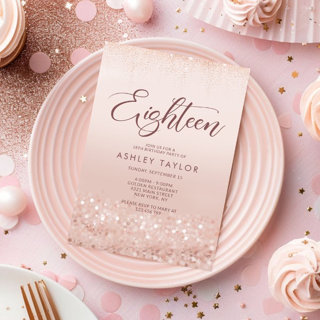 Tarjeta de Invitación de Cumpleaños 18 con Brillo  (Rose Gold Glitter 18th Birthday Invitation Card)