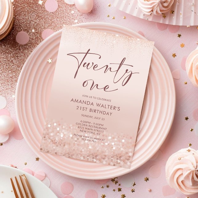 Tarjeta de Invitación de Cumpleaños 21 con Brillo  (Rose Gold Glitter 21st Birthday Invitation Card)