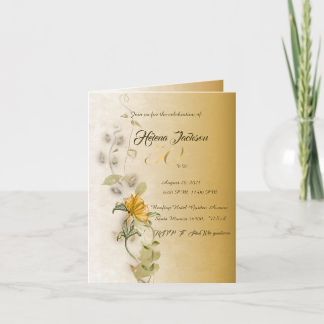 Tarjeta de invitación de cumpleaños 50 dorado (Anverso)