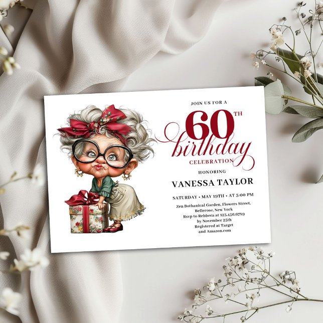 Tarjeta de invitación de cumpleaños 60 de anciana  (Quirky Old Woman 60th Birthday Invitation Card)