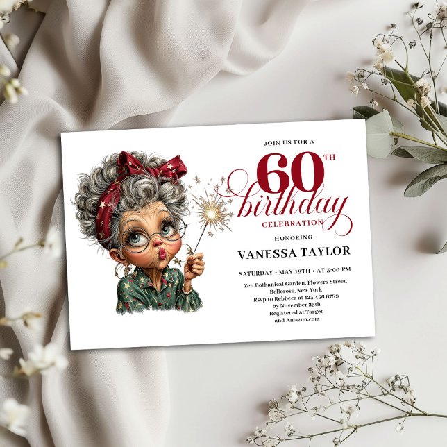 Tarjeta de Invitación de Cumpleaños 60 Divertida p (Old Lady Funny 60th Birthday Invite Party Card)