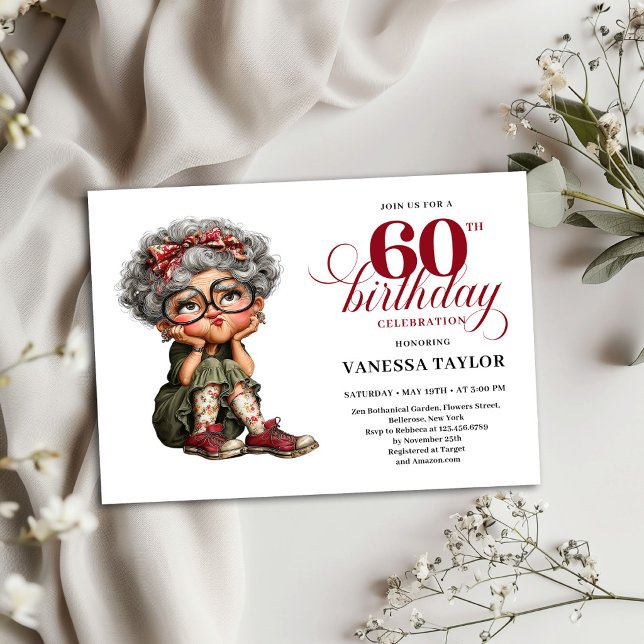 Tarjeta de Invitación de Cumpleaños 60 para Fiesta (Old Woman Humor 60th Birthday Invite Party Card)