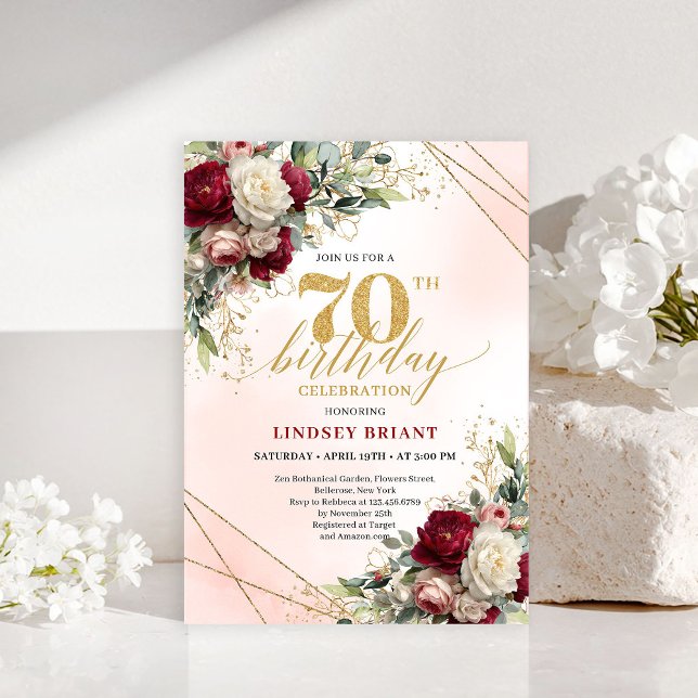 Tarjeta de invitación de cumpleaños 70 personaliza (Personalized floral gold 70th birthday invite card

)