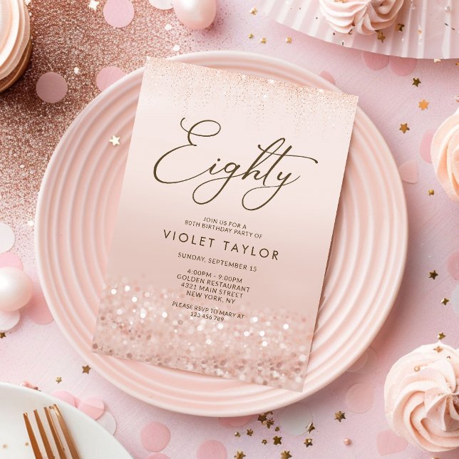 Tarjeta de Invitación de Cumpleaños 80 con Brillo  (Rose Gold Glitter 80th Birthday Invitation Card)