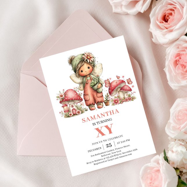 Tarjeta de Invitación de Cumpleaños 8 Floral Rosa  (Floral Pink Fairy 8th Birthday Blush Invite Card)