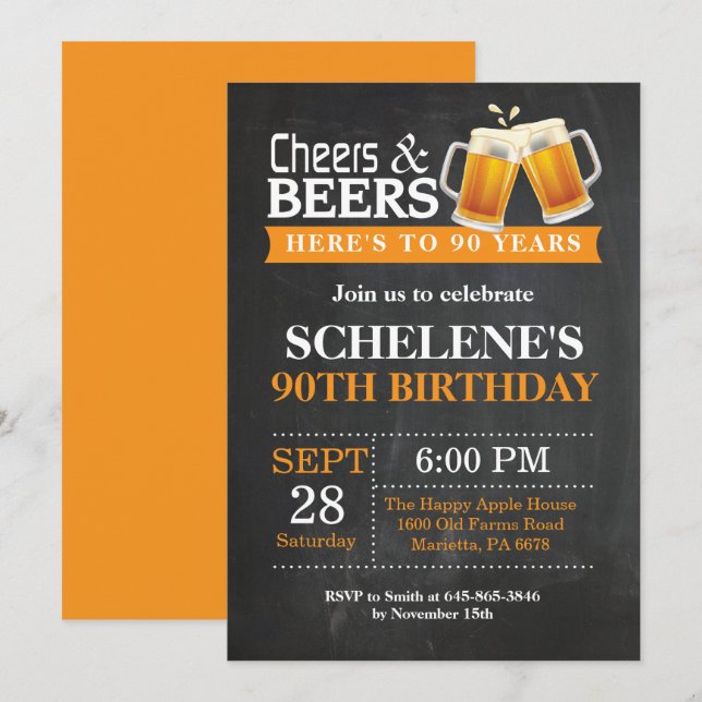 Tarjeta de invitación de cumpleaños 90 años Cheers (Anverso / Reverso)
