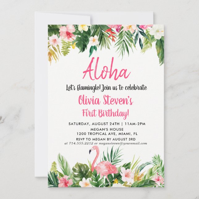 Tarjeta de invitación de cumpleaños Aloha Flamingo (Anverso)