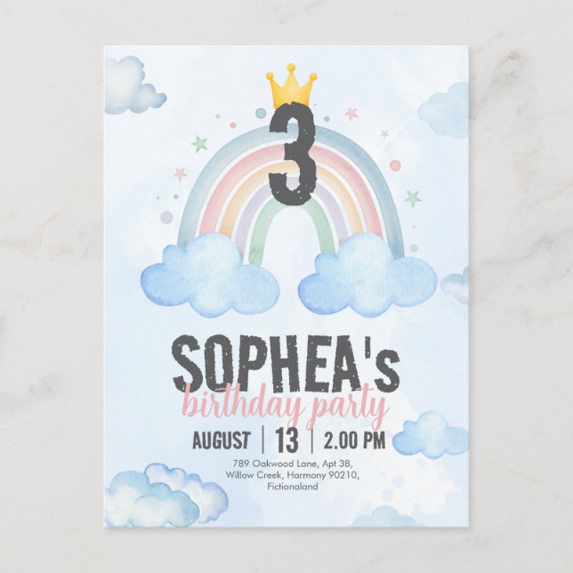 Tarjeta de Invitación de Cumpleaños Arcoíris Mágic (Anverso)