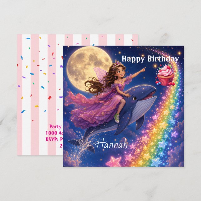 Tarjeta de Invitación de Cumpleaños Ballena FairyR (Anverso / Reverso)