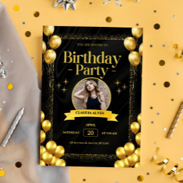 Tarjeta de invitación de cumpleaños Black Gold Ele